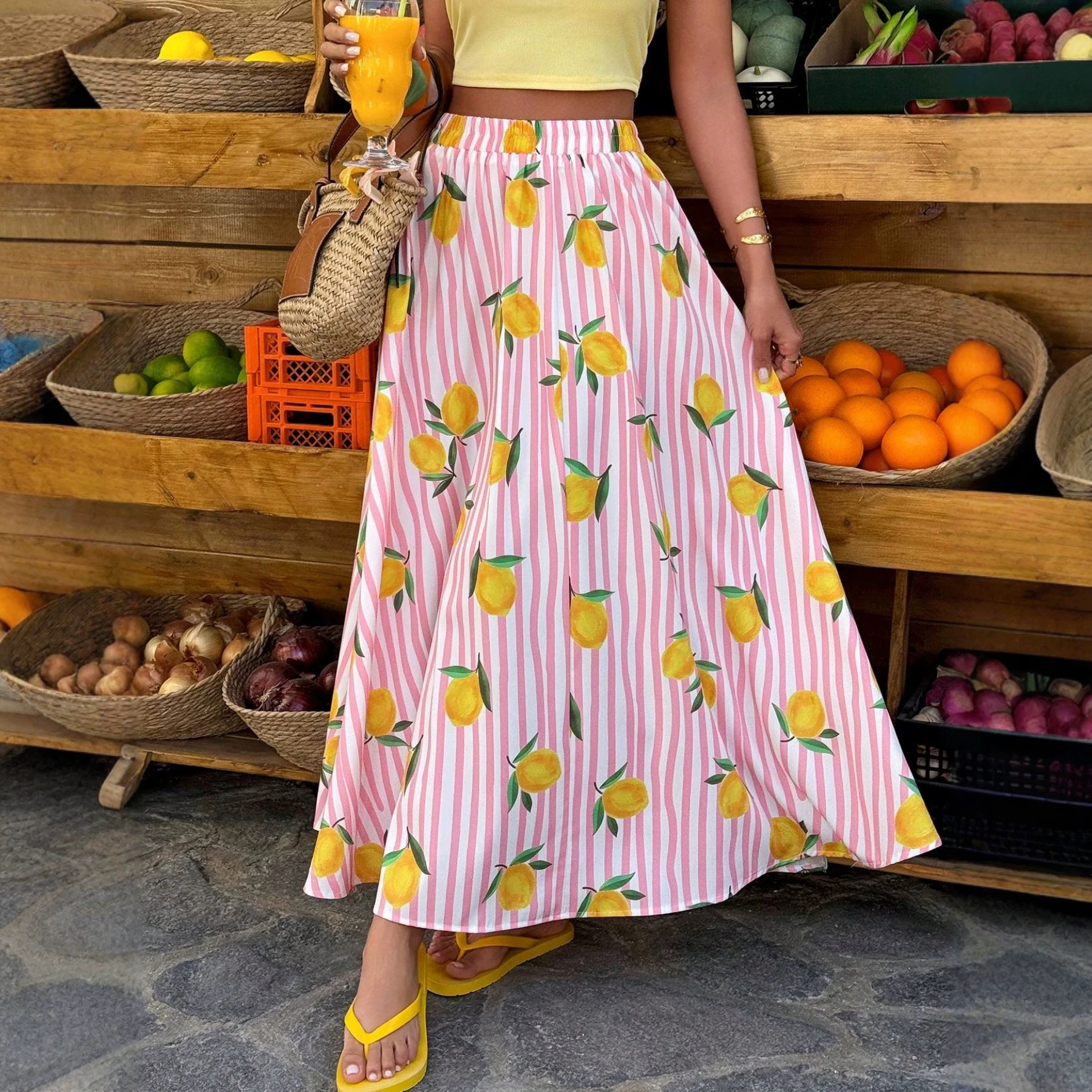 Womens Casual Striped Colorful Fruit-print A-line Dress