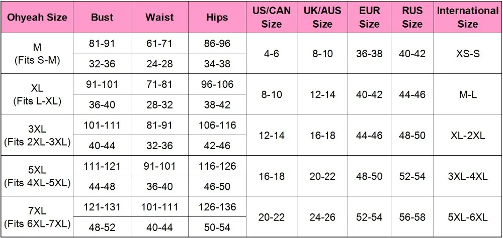 Ohyeah Lingerie Size Chart