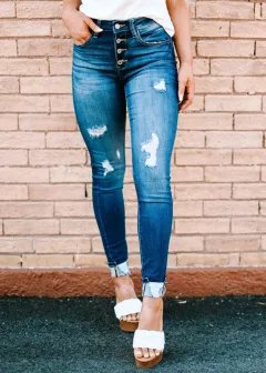 Fashion Holes Skinny Jeans - Denim Blue - View 1