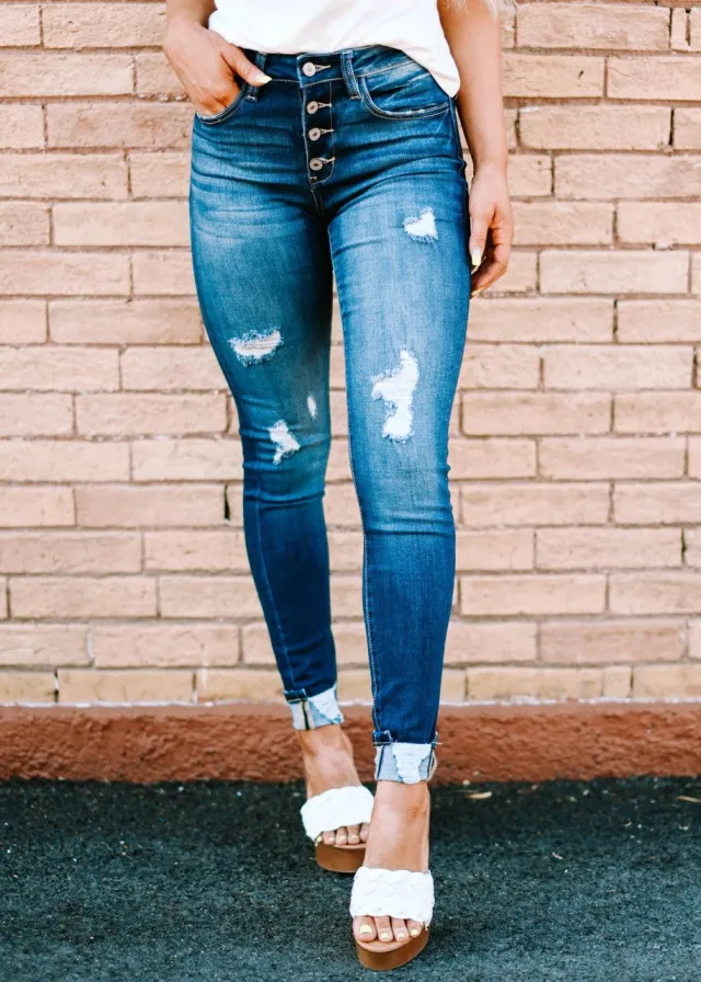Fashion Holes Skinny Jeans Denim Blue - Shop at LoveMi