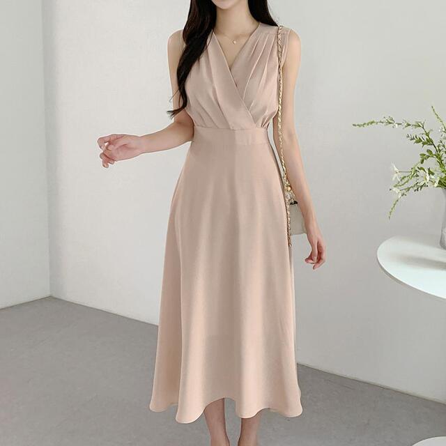 French Style V-neck Pleated Temperament Lace-up Waist-controlled Slimming Sleeveless Dress