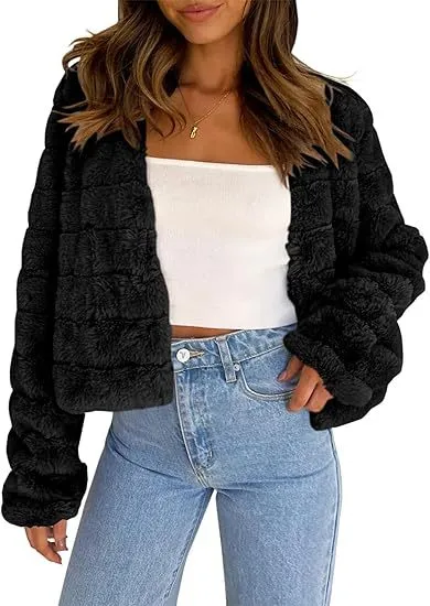 Faux Fur Long Sleeve Front Cardigan Short Coat - Black