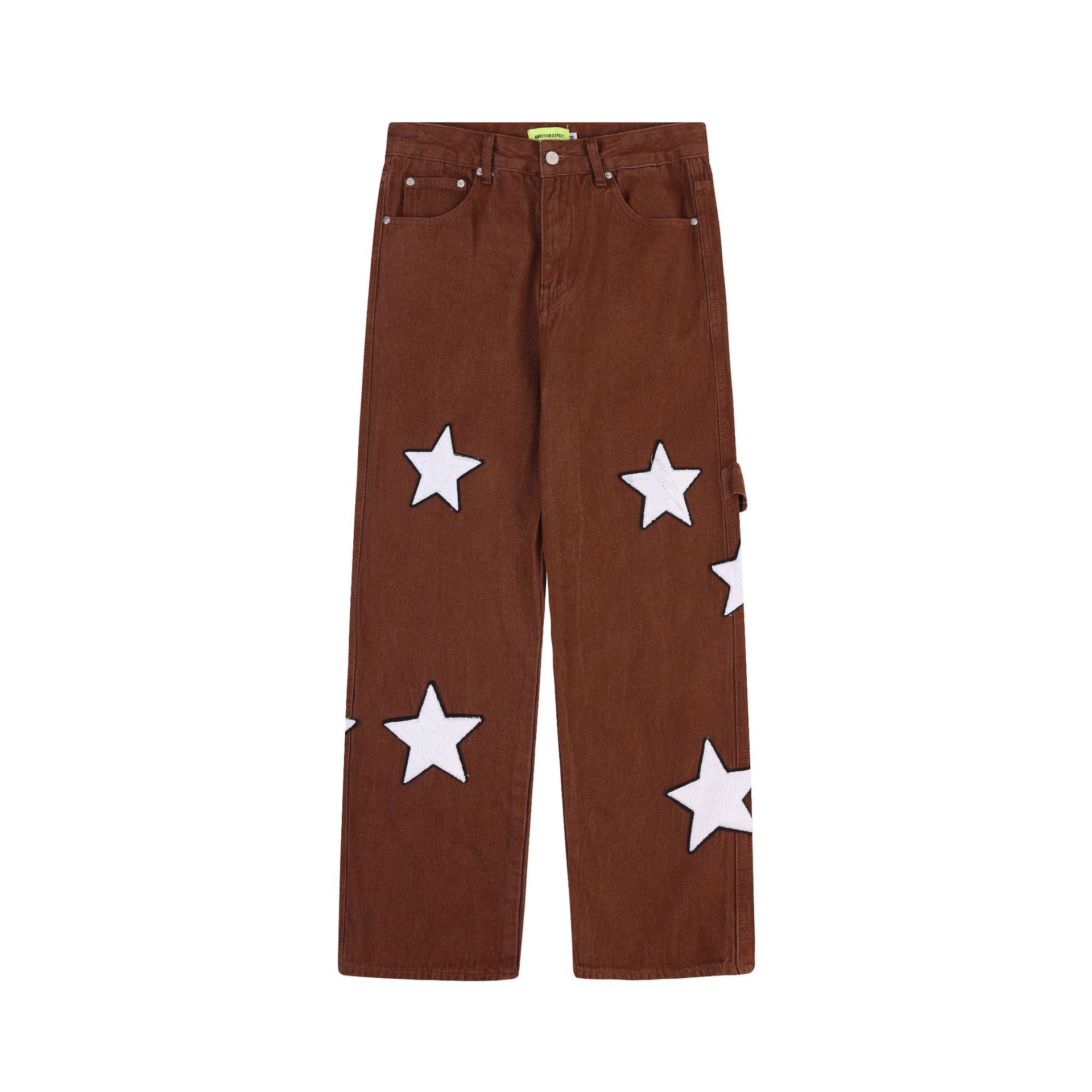 XINGX Towel Embroidery Straight leg Denim Trousers Brown - Shop at LoveMi