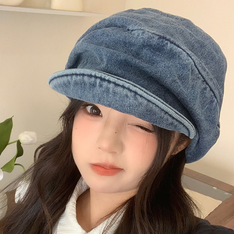 Japanese-style Washed-and-distressed Denim Pleated Beret For Women