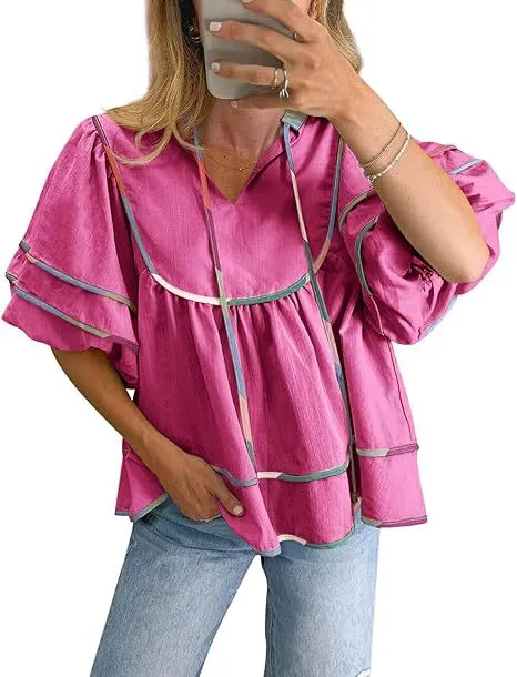 Casual Loose Puff Sleeves V neck Pullover Top Rose Red - Shop at LoveMi