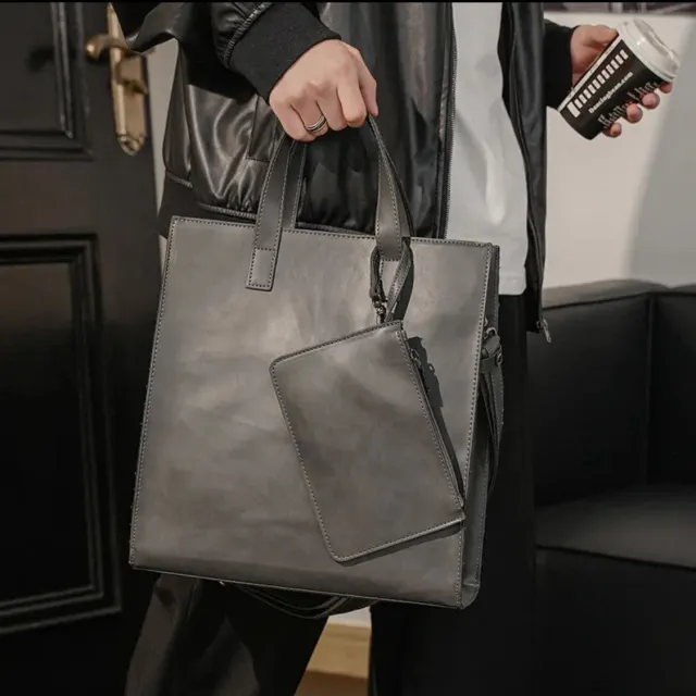 Men's Retro Crazy Horse PU Leather Tote Bag Gray - Shop at LoveMi