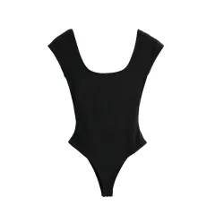 Square-cut Collar Skinny Slimming Backless Siamese Short Sleeve T-shirt Top - Black - View 1