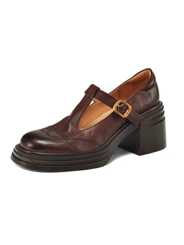 Soft Leather Shoes Female Chunky Heel Platform Mary Jane Shoes Brown - Shop at LoveMi