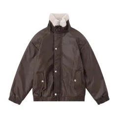 Winter Fleece-lined Thickened Motorcycle Pu Fur Integrated Baggy Coat - Brown - View 1