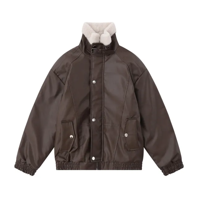 Winter Fleece lined Thickened Motorcycle Pu Fur Integrated Baggy Coat Brown - Shop at LoveMi