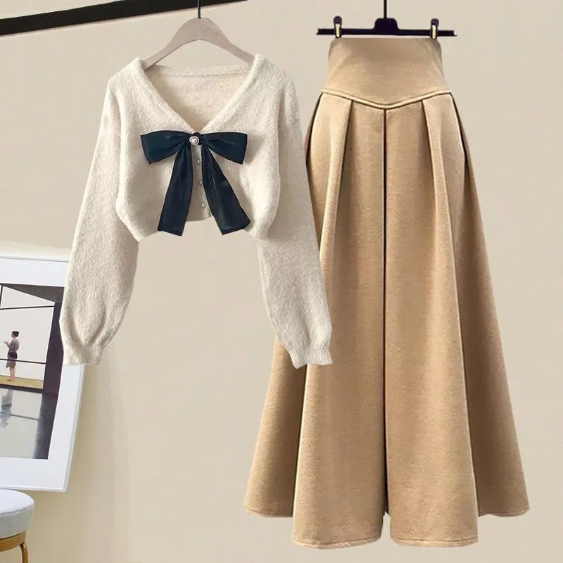 Knitted Blouse With Turtleneck Vest And Skirt Three-piece Set