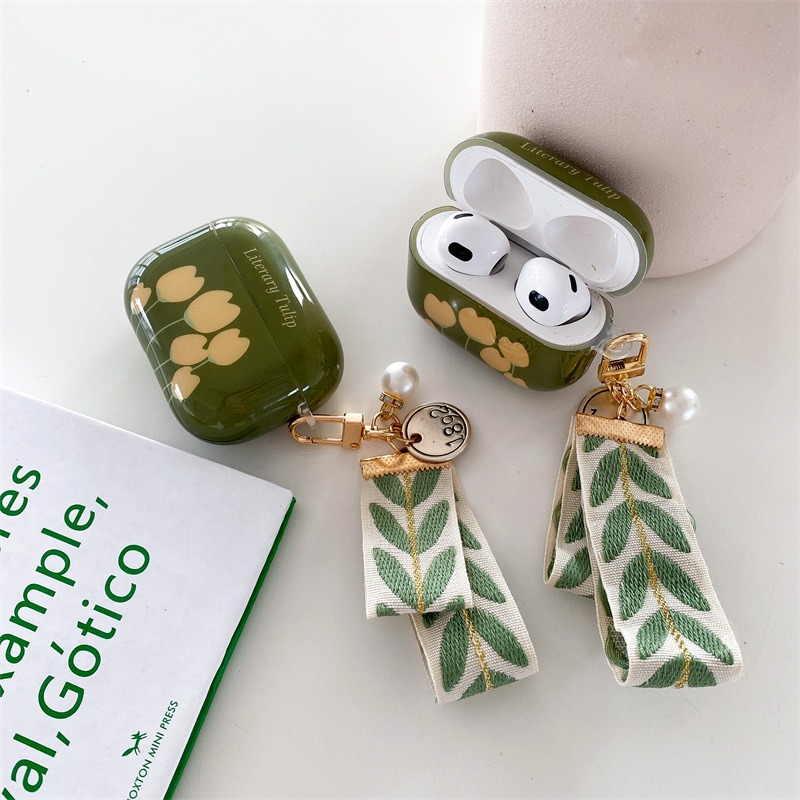Retro Green Tulip Bluetooth Wireless Earphone Case Pendant Soft Case - Image 13