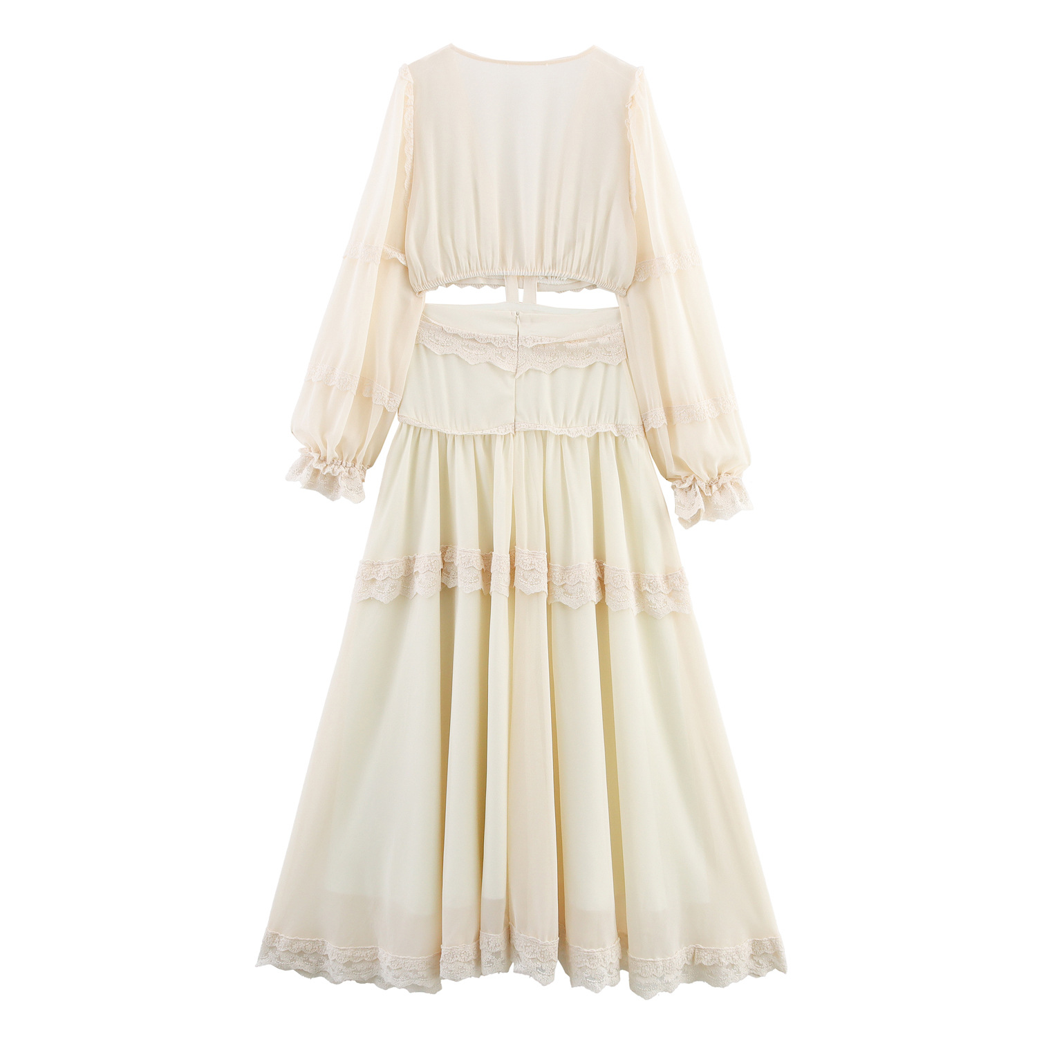 French Fashion Design Heavy Industry Deep V French Style Stitching Lace Long Dress