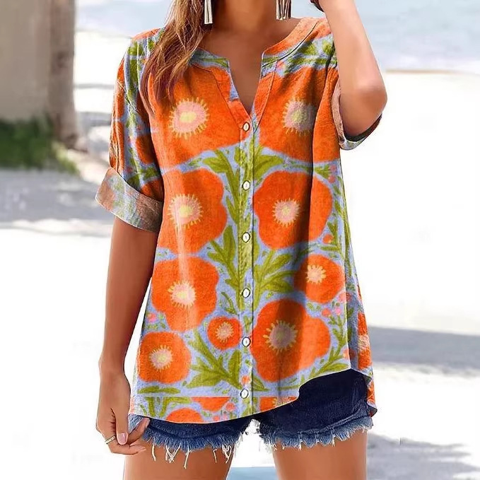 Fashionable Short-Sleeve Top For Women Printed V-Neck 3D