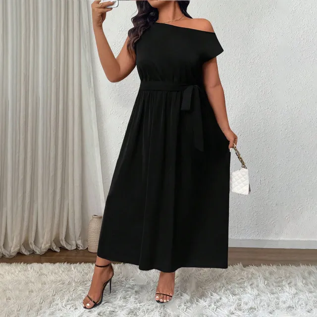 Women's Elegant Adult Lady Like Woman Temperament Off shoulder One shoulder Cold shoulder Long Dress Black - Shop at LoveMi