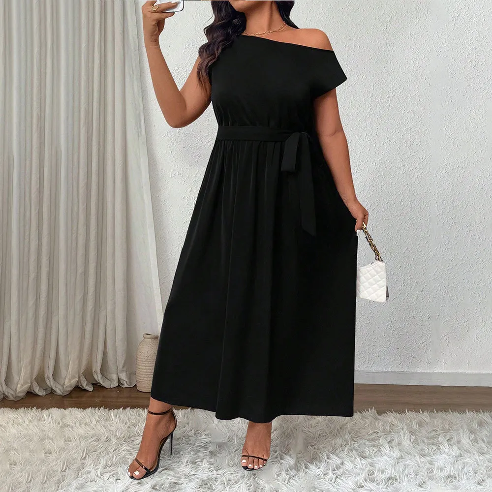 Women's Elegant Adult Lady Like Woman Temperament Off-shoulder One-shoulder Cold-shoulder Long Dress - Black