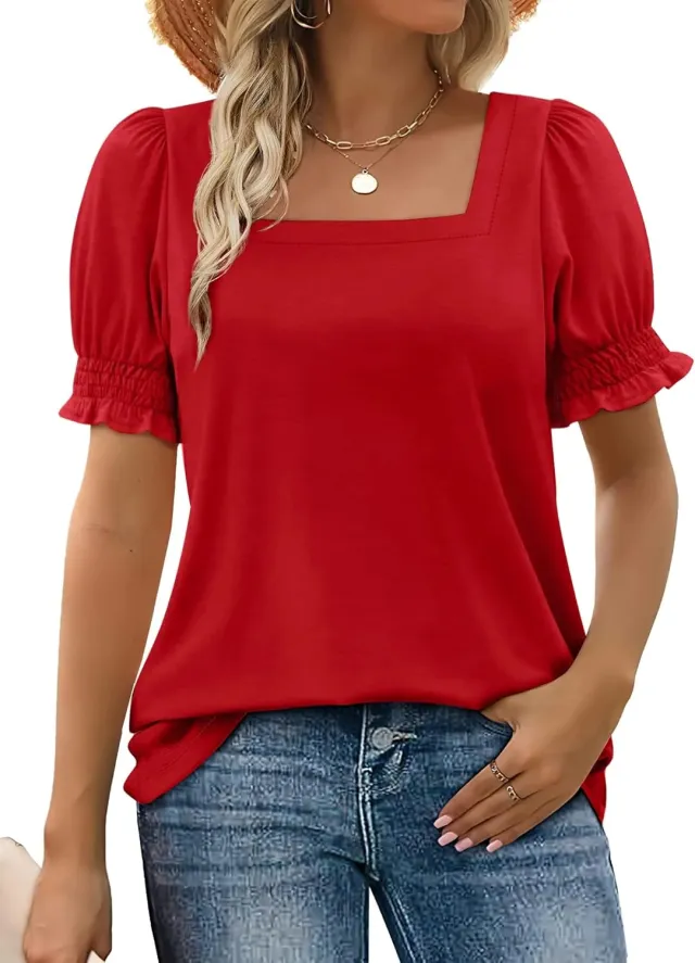 Spring And Summer New Fashion Simple U neck Petal Sleeve Loose T shirt Red - Shop at LoveMi