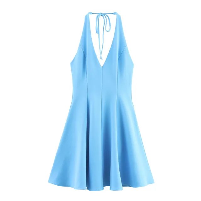 European And American Style Backless Wavy Style Wide Swing Halter Dress Blue - Shop at LoveMi