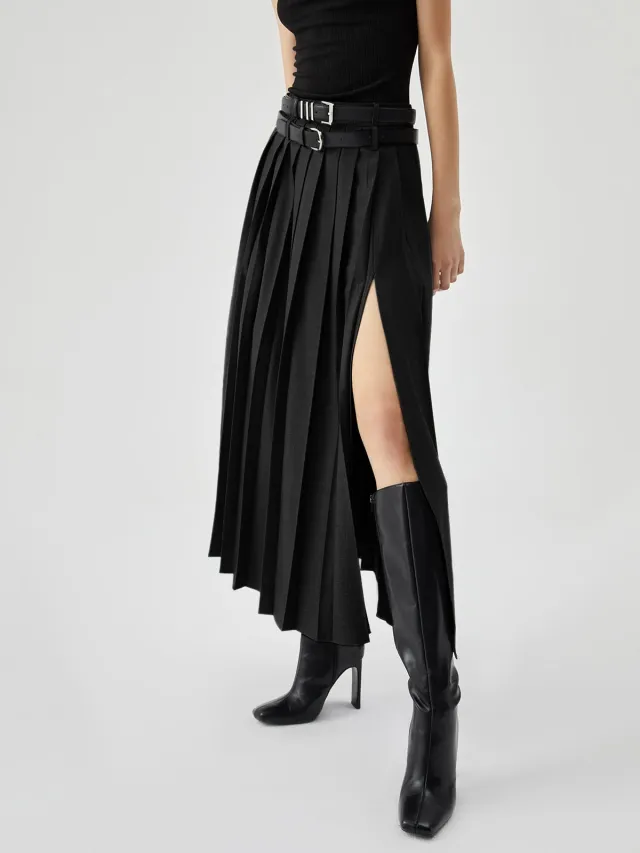 Women's High Waist Slimming Slit Pleated Skirt Black - Shop at LoveMi