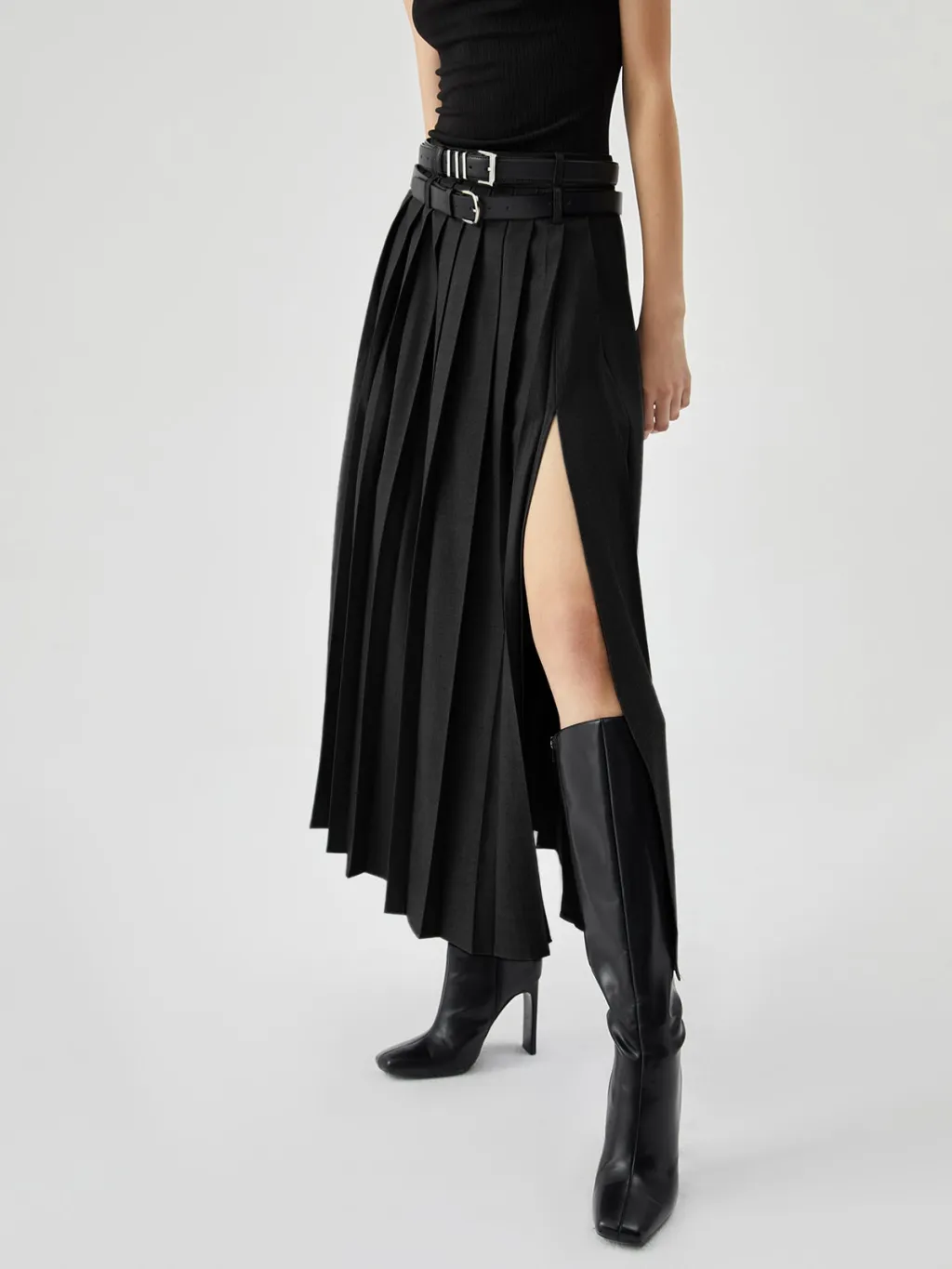 Women's High Waist Slimming Slit Pleated Skirt - Black