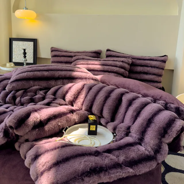 Milk Fiber Thick Rabbit Fur Four piece Set Autumn And Winter Warm Comfortable Breathable Fluffy Delicate Dark Purple - Shop at LoveMi