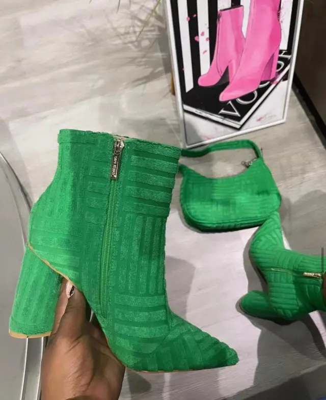 European And American Leisure Chunky Heel High Heel Pointed Boots Solid Color Towels Fabric Green - Shop at LoveMi