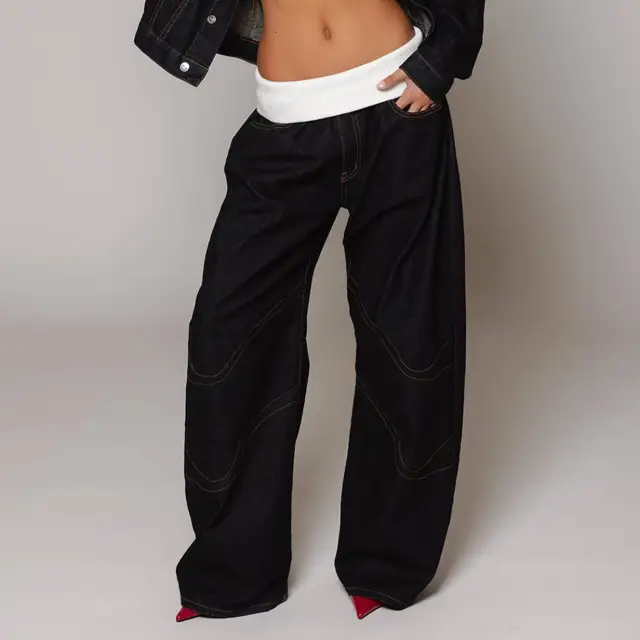 Fashion Denim Distressed Loose Straight Women's Trousers Black - Shop at LoveMi