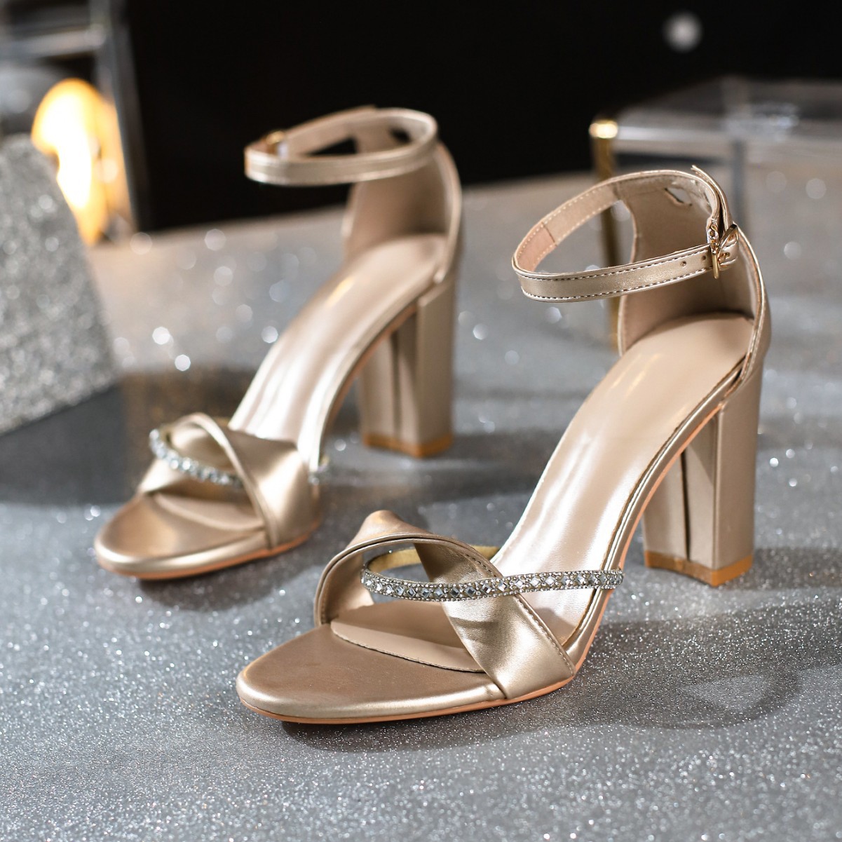 Golden Chunky-heel Sandals Womens Comfortable High Heels