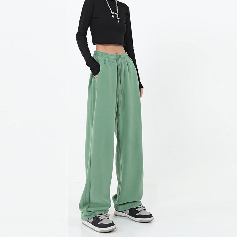 American Green Sports Pants Female Mop Straight Pants Wide Leg Ankle-tied Sweatpants Casual Pants High Street Ins Fashion