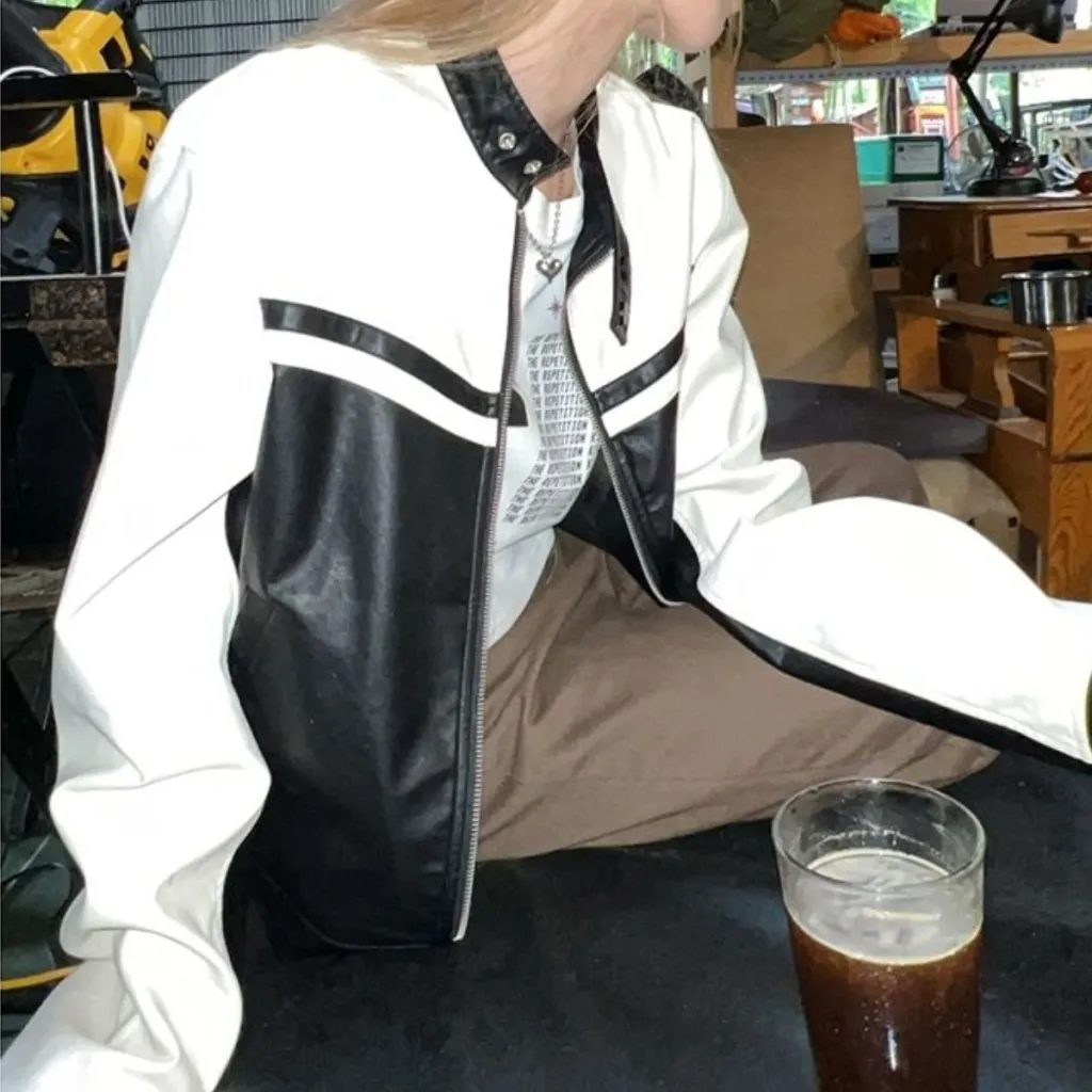 Popular Locomotive American Retro Contrast Color Jacket - White