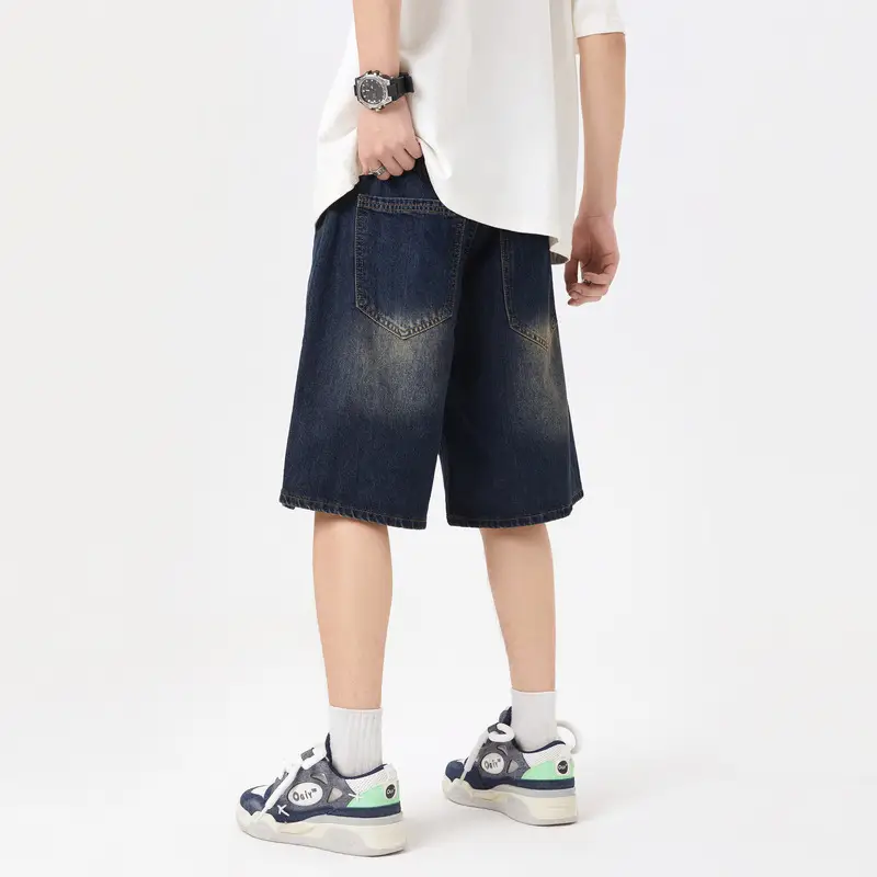 American-style Retro Washed Split Design Denim Shorts For Men