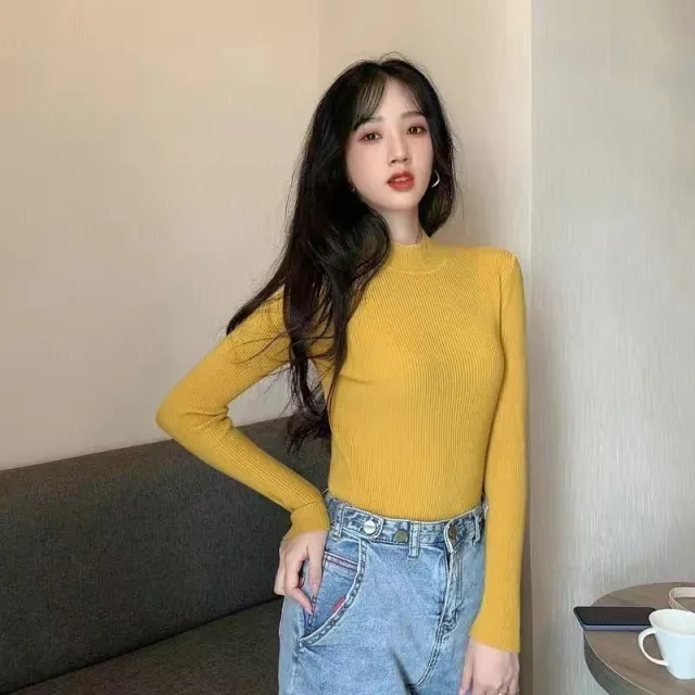 Autumn And Winter New Half Turtleneck Slim Fit Long Sleeve Inner Wear Knitwear For Women Yellow - Shop at LoveMi