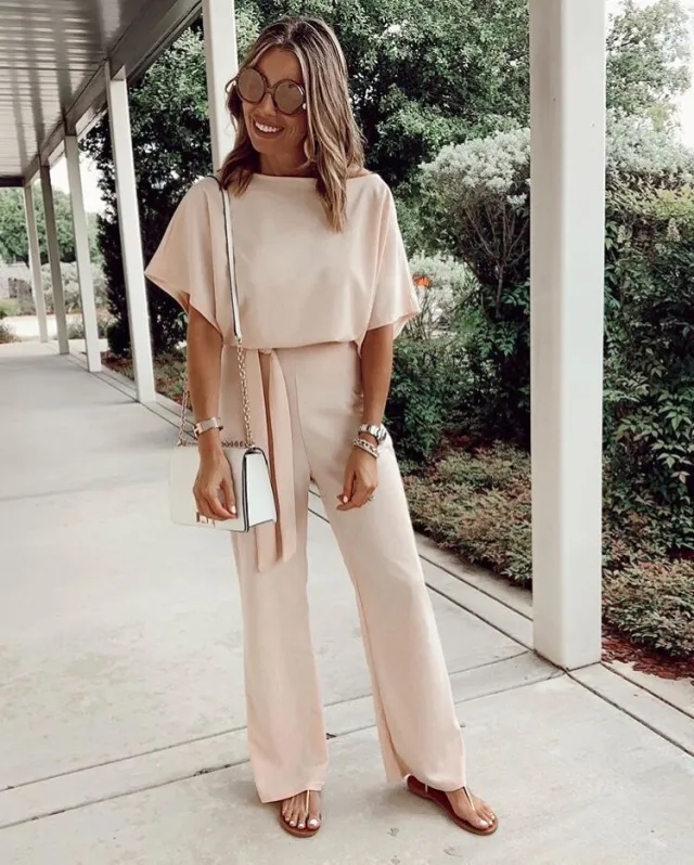 Women's Loose Casual Short sleeved Lace up Jumpsuit Apricot - Shop at LoveMi