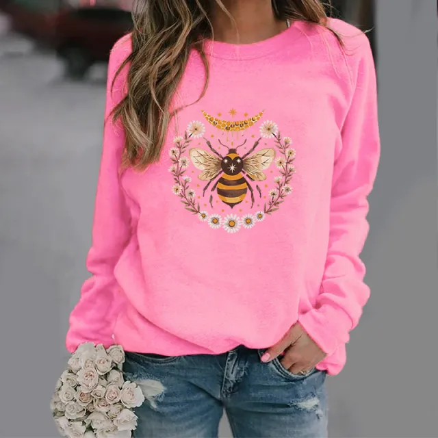 Women's Fashion Moon Bee Trendy Round Neck Sweater Pink - Shop at LoveMi