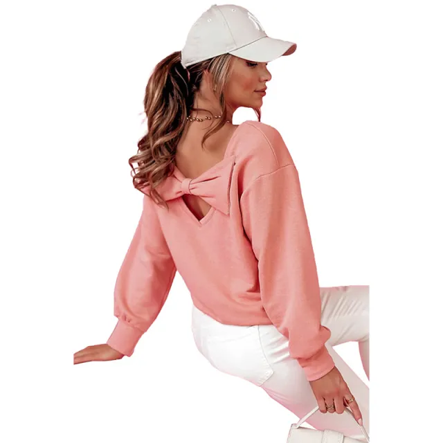 Pure Color All matching Backless Bow Long Sleeve Top Pink - Shop at LoveMi