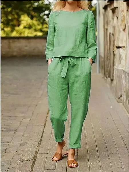 Women's Clothing Cotton And Linen Suit Casual Two piece Suit Green - Shop at LoveMi
