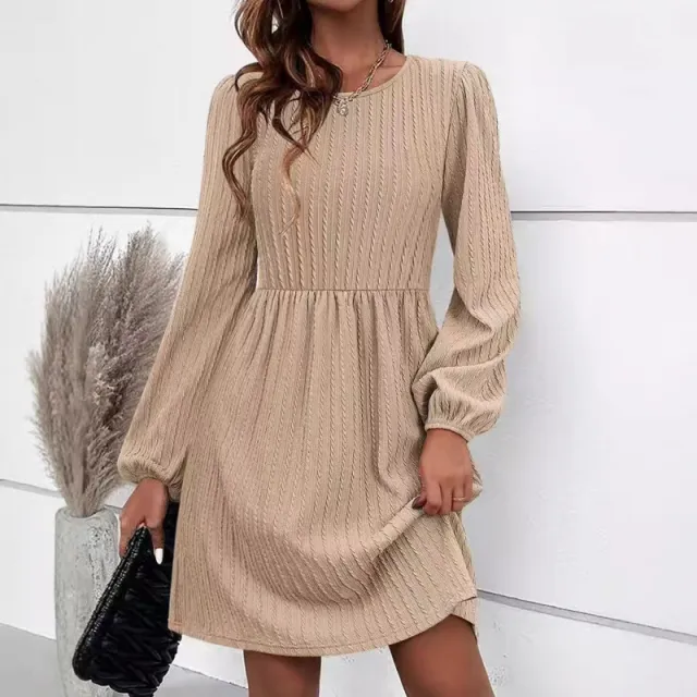 Jacquard Knitted Temperament Bubble Long Sleeve Dress Women Apricot - Shop at LoveMi