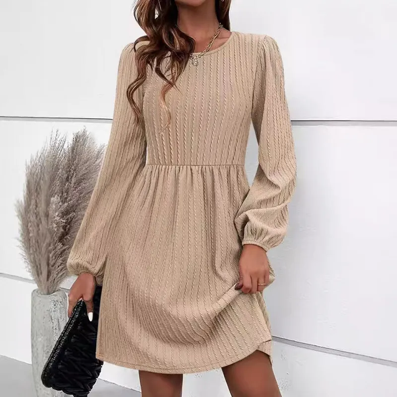 Jacquard Knitted Temperament Bubble Long Sleeve Dress Women - Apricot