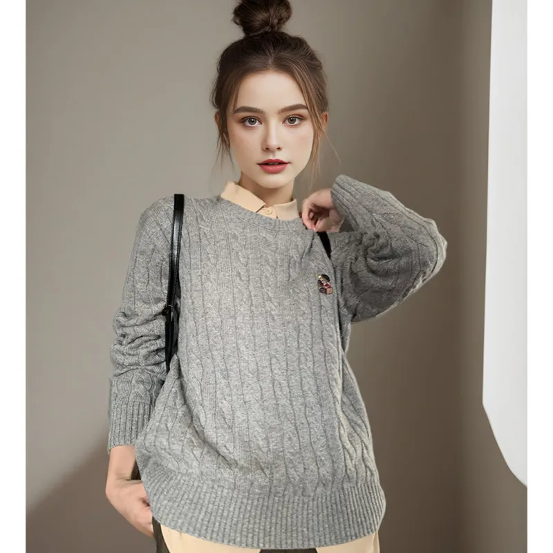Bear Embroidery Round Neck Sweater For Women Style Lazy - Gray