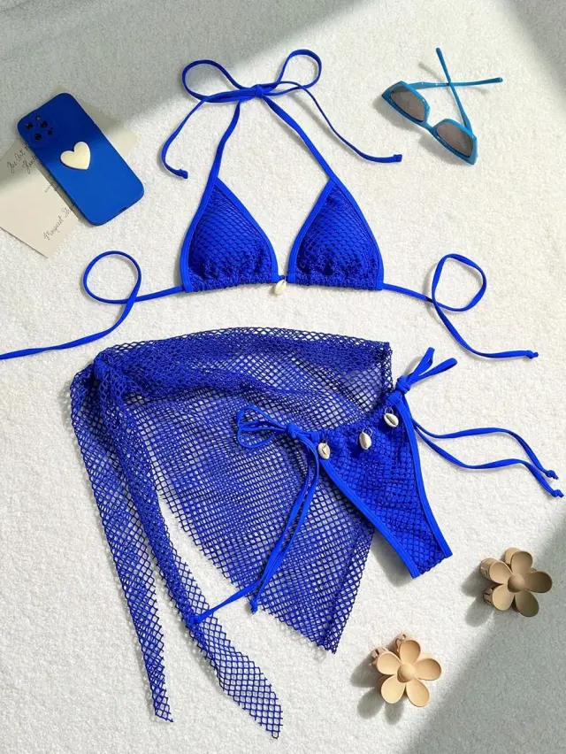 Swimsuit Sexy Lace up Wrap Skirt Three piece Suit Blue - Shop at LoveMi