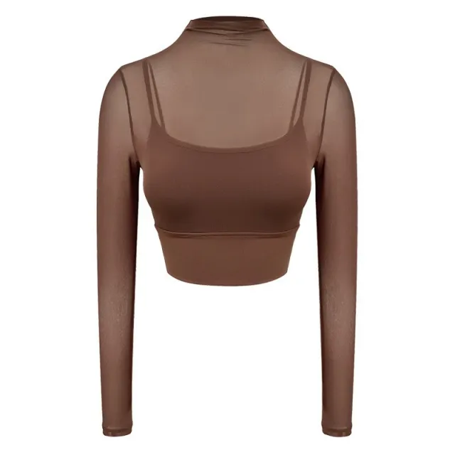 New Mesh Stitching Fake Two piece Workout Clothes Cocoa Brown Long Sleeve - Shop at LoveMi