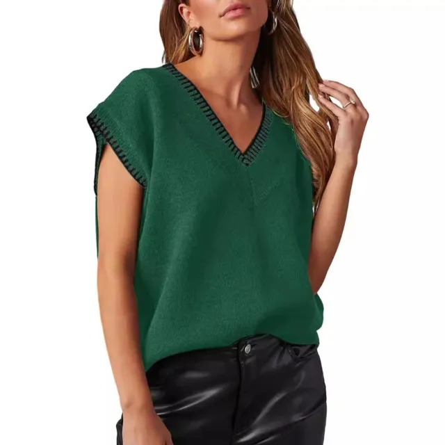 V neck Sleeveless Sweater Vest Solid Cap Sleeve Knitted Pullover Short Sleeve Black And Green - Shop at LoveMi