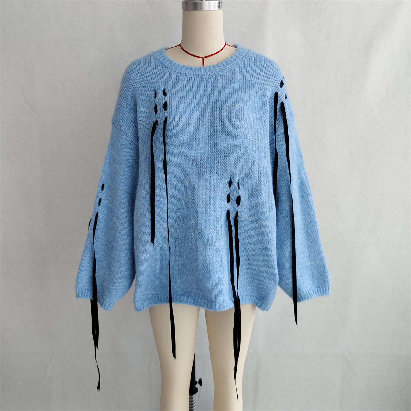 Handmade Lace-up Knitted Round Neck Long Sleeve Loose Sweater