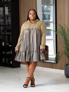 Patchwork Hooded Pullover Long Sleeve Dress - Khaki - View 1