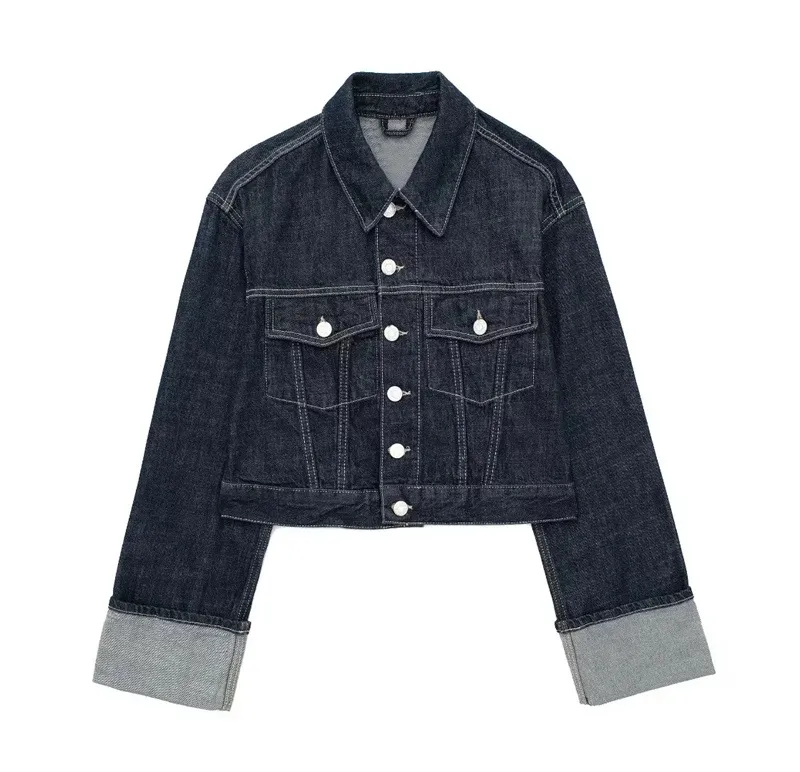 New Women's Hemming Sleeve Denim Jacket Coat Trousers - Top-L