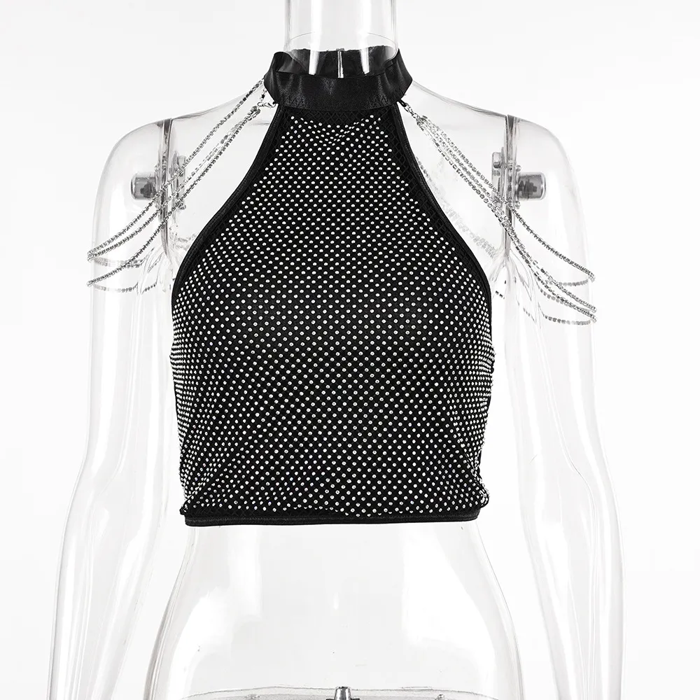 Women's Halter Slim Fit Vest Metal Rhinestone Chain Top - Black