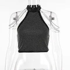 Women's Halter Slim Fit Vest Metal Rhinestone Chain Top - Black - View 1