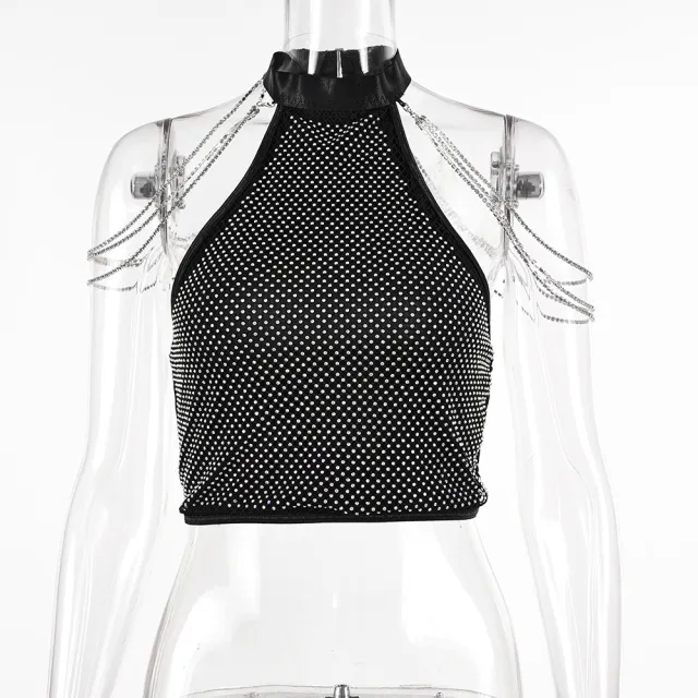 Women's Halter Slim Fit Vest Metal Rhinestone Chain Top Black - Shop at LoveMi