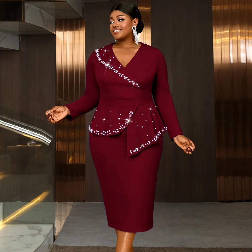 Women's Clothing V-neck Long-sleeve Dress - Wine