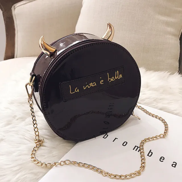 Personalized Corner Patent Leather Shoulder Bag Little Devil Bag Chain Crossbody Bag Coffee - Shop at LoveMi